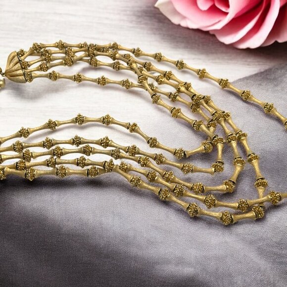 Vintage TRIFARI Electra Collection 5 Strand Metal Bead Necklace Gorgeous Gold Tn - Picture 6 of 11